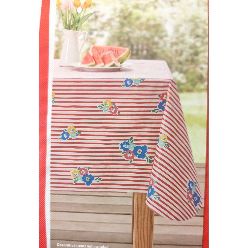 Floral and Red Stripe PEVA Tablecloth 60 x 84-in Polyester Backing Kitchen Gift